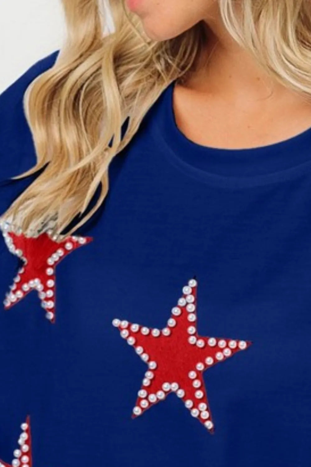 BiBi Royal Blue Beaded Red Stars Applique Fourth of July Terry T-Shirt