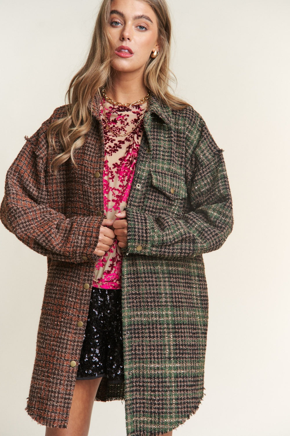 J.NNA Snap Down Tweed Plaid Contrast Longline Shacket Trendsi