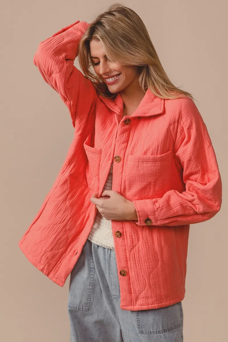 BiBi Coral Quilted Wrinkle Gauze Long Sleeve Shacket