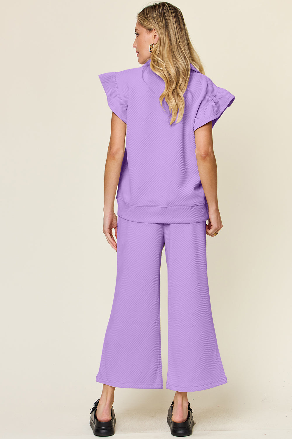 Double Take Quilted Textured Ruffle Short Sleeve Top and Drawstring Wide Leg Pants Set Trendsi