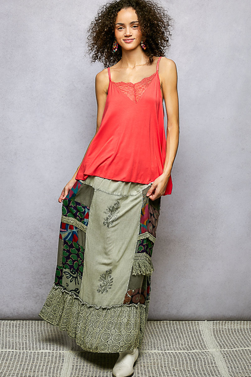 POL Sage Printed Patchwork Embroidered Ruffled Skirt