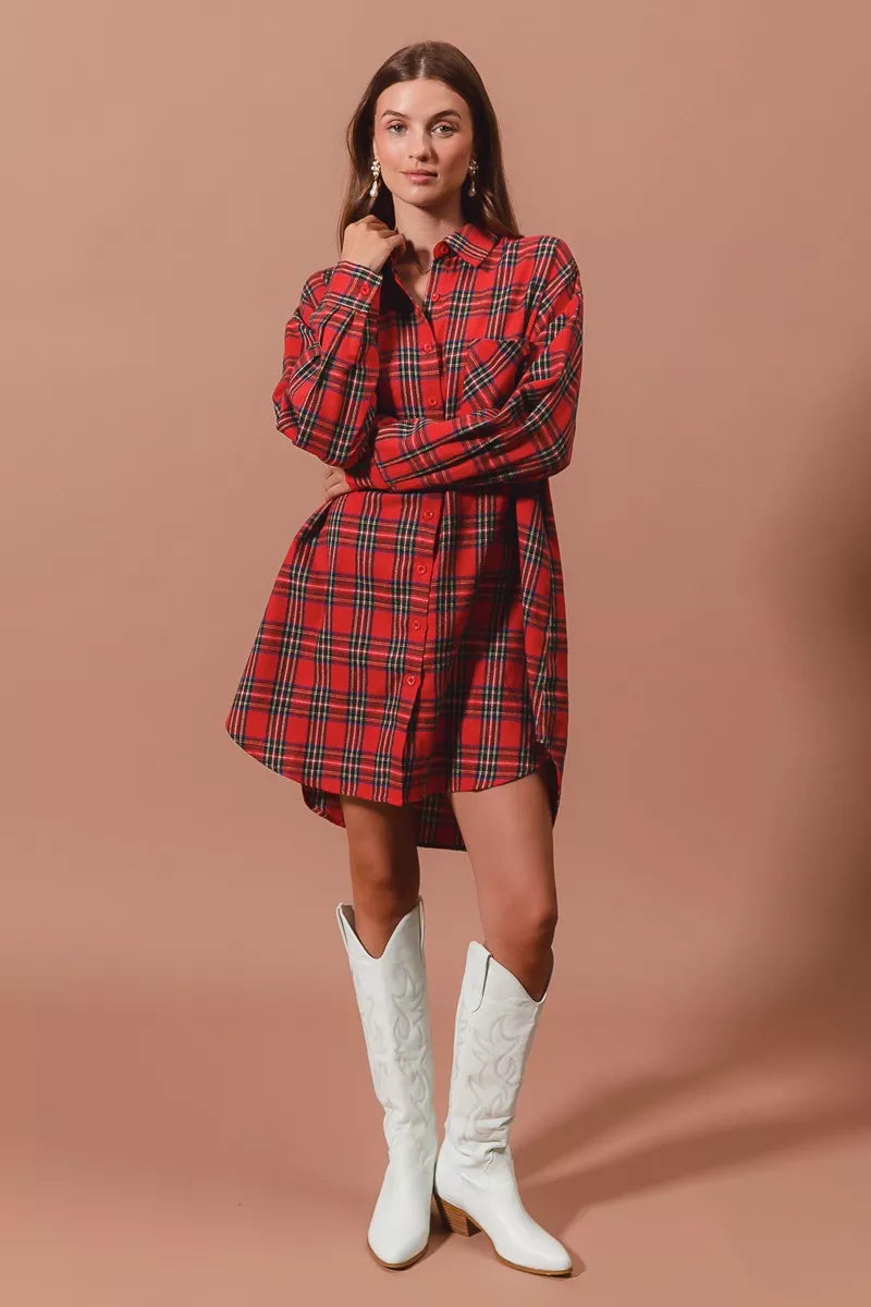 SO ME Christmas Checker Plaid Button Up Shirt Dress – Red Multi