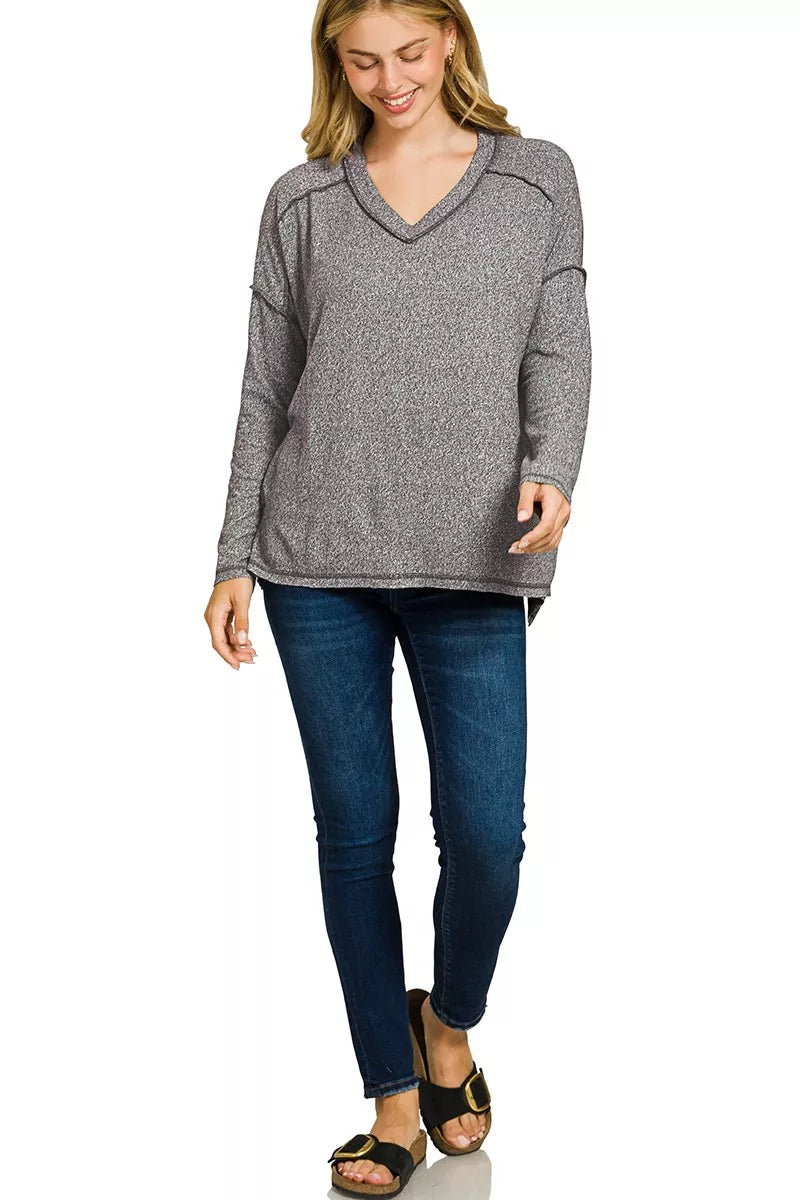 Zenana Heather Grey Soft Melange Hacci Exposed Seam Hi-low Tee