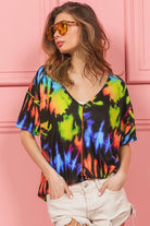 BiBi Tie Dye Print Jersey Stitched V Neck Top