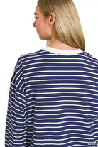 Zenana Navy Contrast Striped Round Neck Sweatshirt
