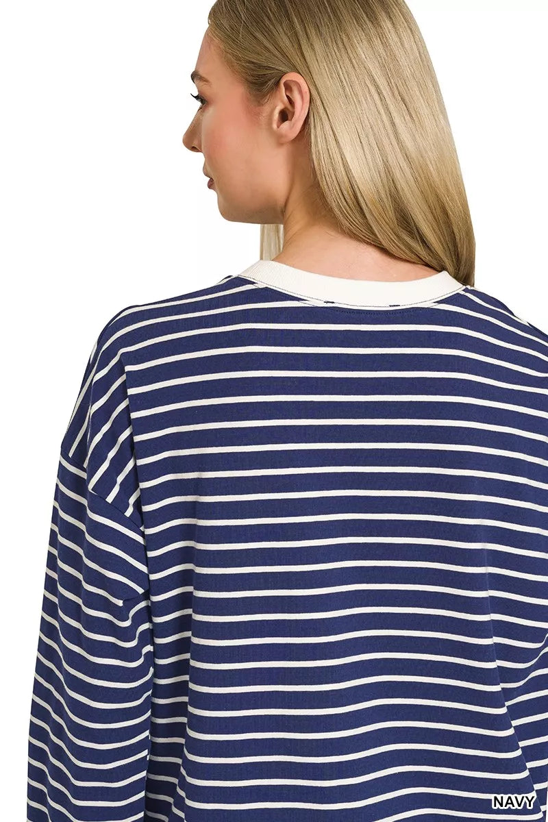 Zenana Navy Contrast Striped Round Neck Sweatshirt