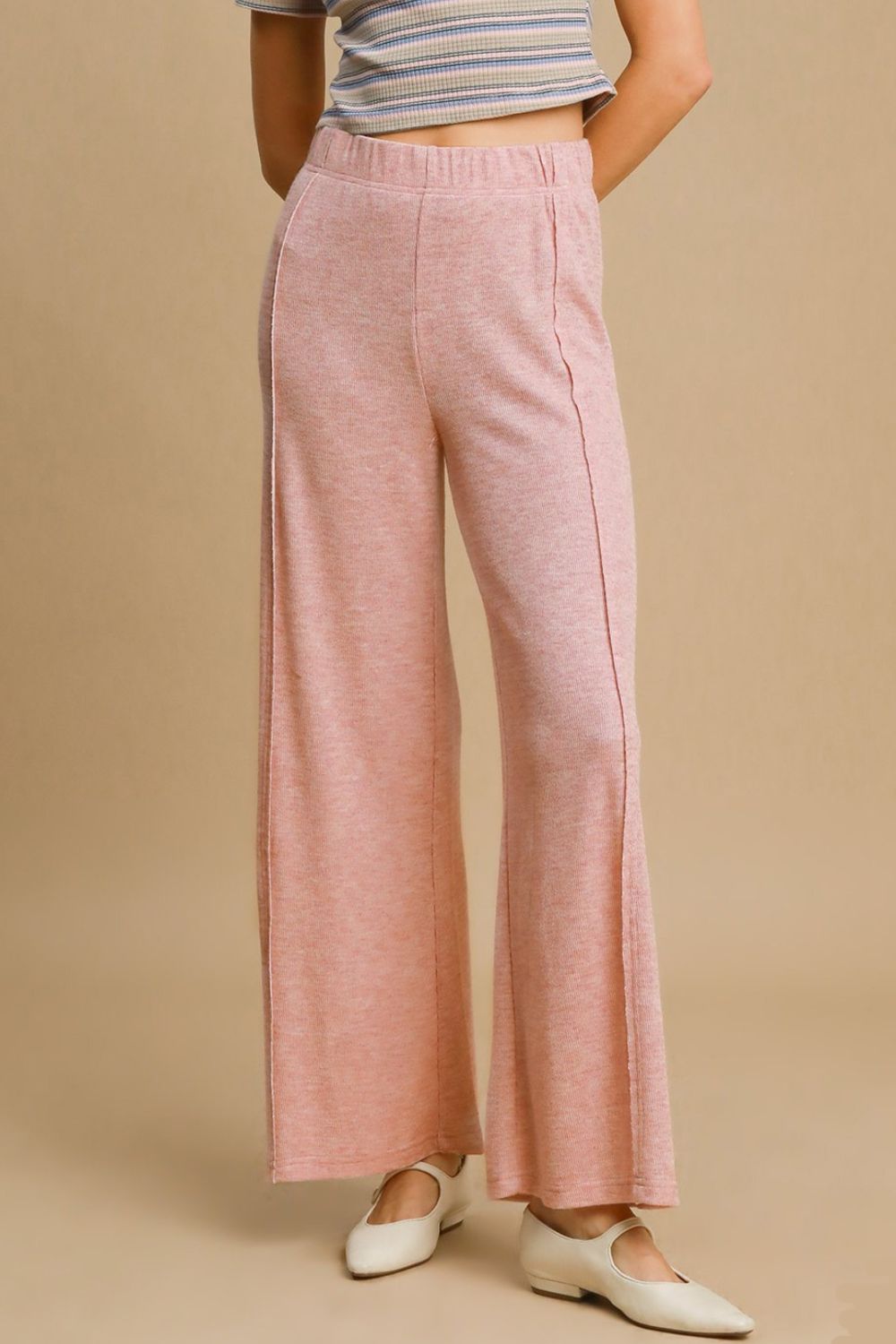 Umgee Elastic Waist Wide Leg Knit Pants in Dusty Pink Dusty Pink Pants