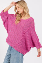 SAGE + FIG Magenta Distressed Asymmetrical Open Stitch Sweater Trendsi