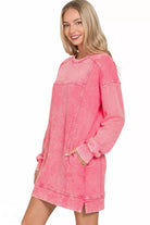 Zenana Fuchsia French Terry Acid Washed Dress with Pockets