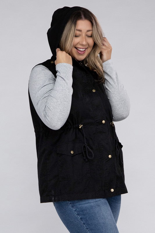 Zenana Plus Drawstring Waist Military Hoodie Vest ZENANA