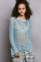 POL Powder Blue Openwork Round Neck Knit Cover Up