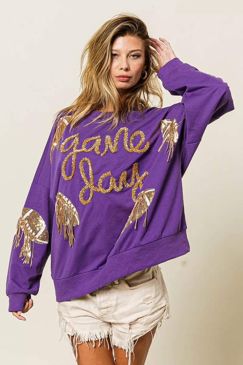 BiBi Purple & Gold Sequin Football Patches Game Day Sweatshirt