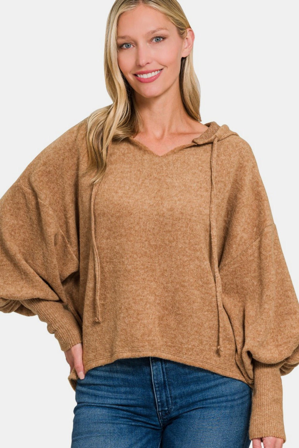 Zenana Deep Camel Brushed Hacci Drop Shoulder Cropped Hoodie Deep Camel Trendsi