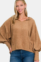 Zenana Deep Camel Brushed Hacci Drop Shoulder Cropped Hoodie Deep Camel