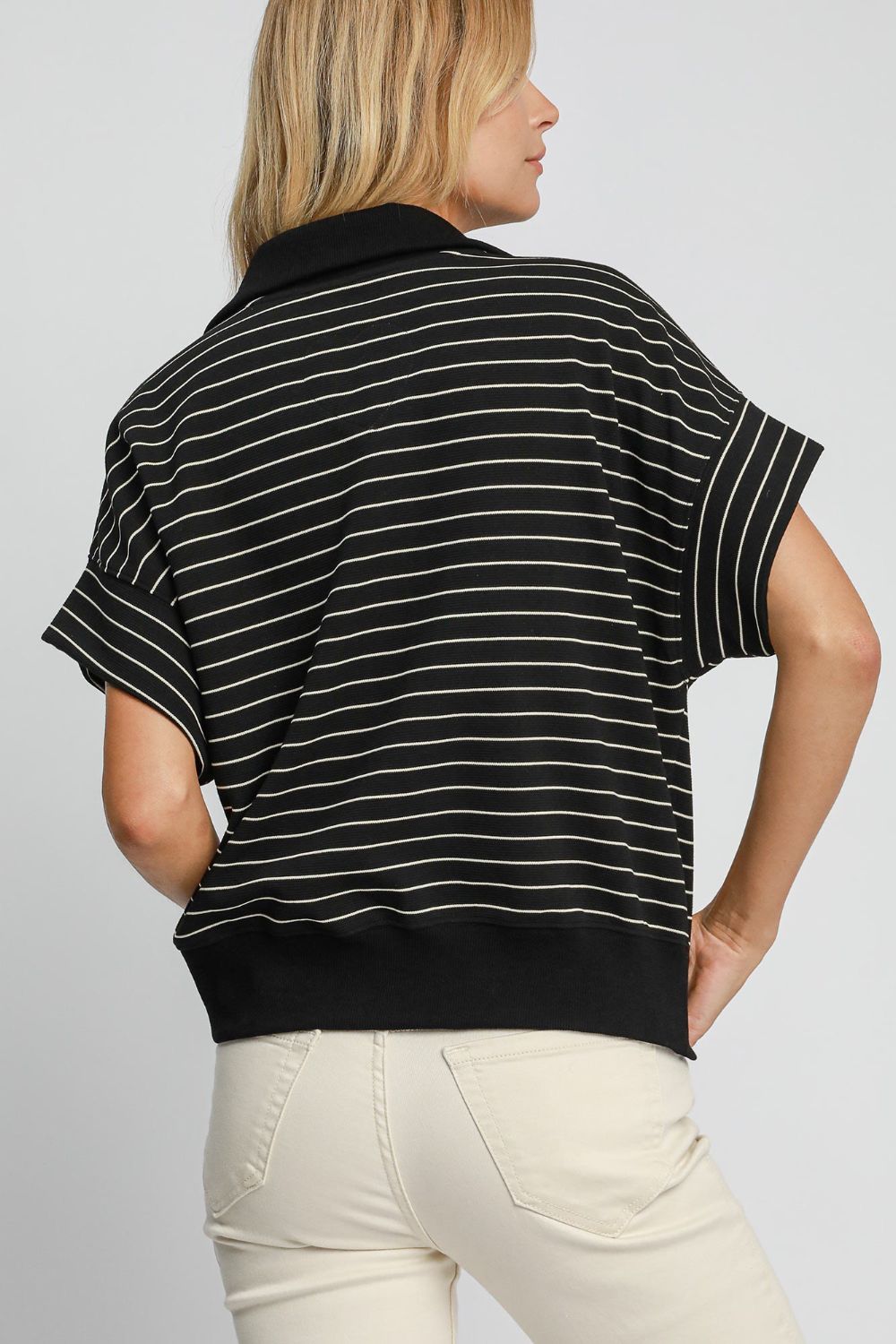 Umgee Black Striped Half Zip Short Sleeve Sweatshirt Shirts & Tops