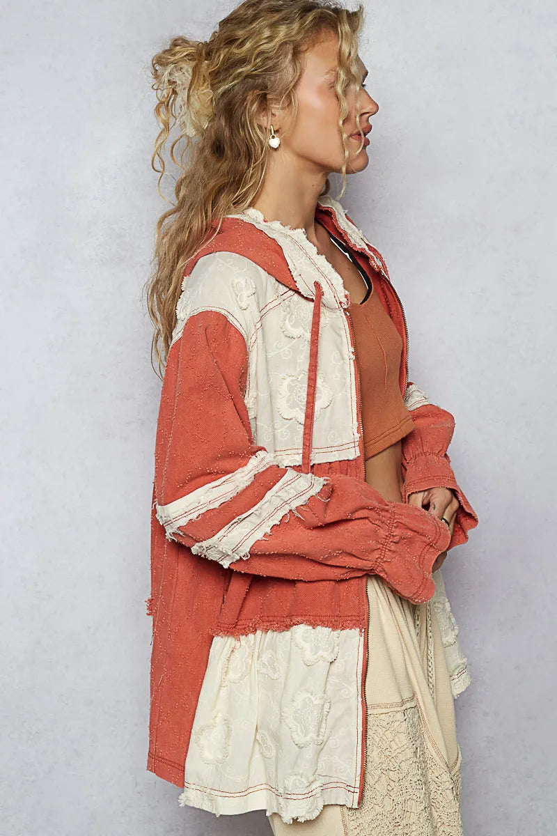 POL Orange Red Raw Hem Color Block Hooded Jacket
