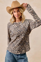 BiBi Leopard Print Washed Waffle Thermal Top with Thumbholes