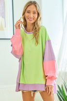 First Love Color Block Long Sleeve Slit Sweatshirt Lime Multi