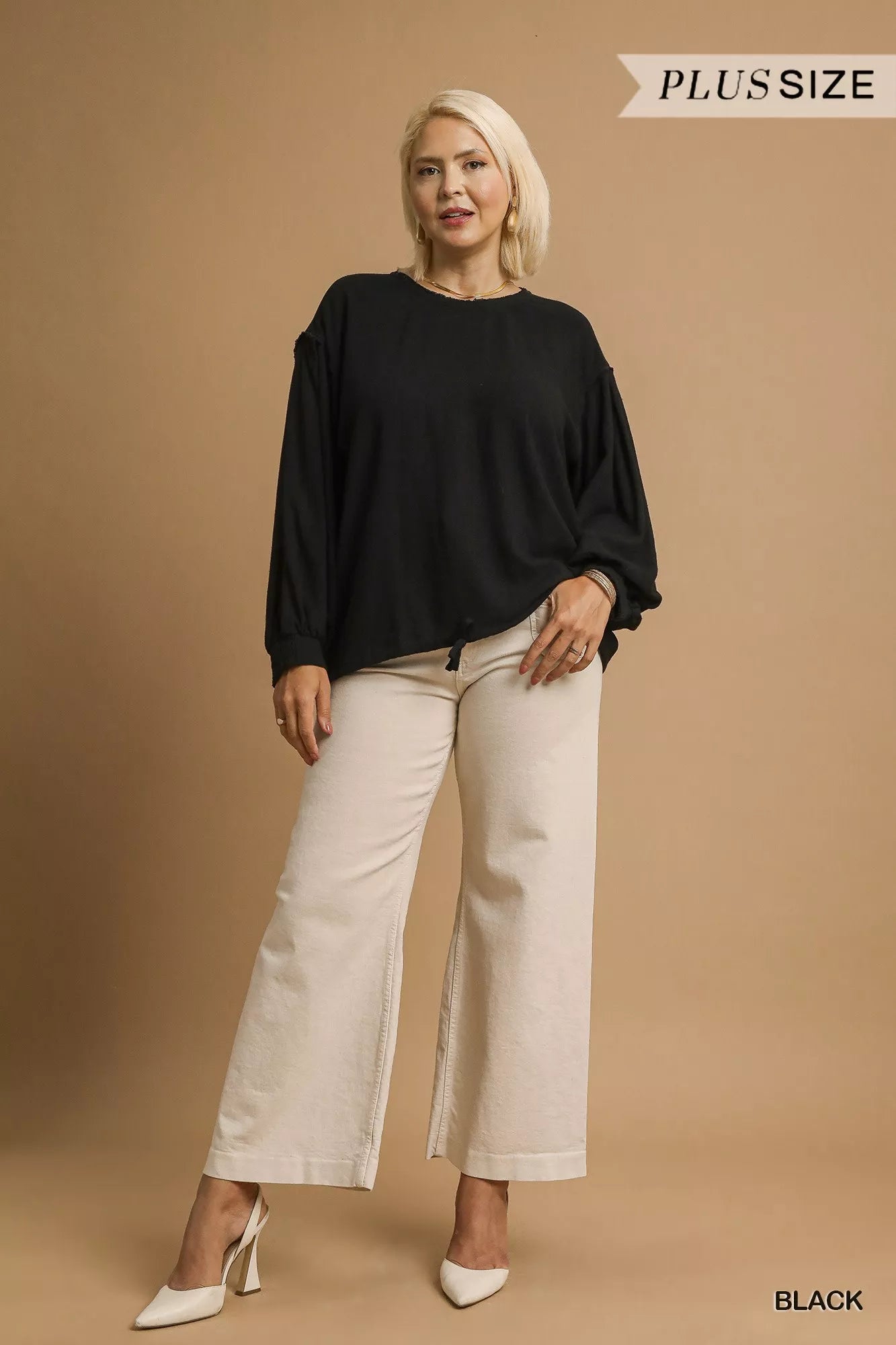 Umgee Black Linen Long Sleeve Top with Drawstring