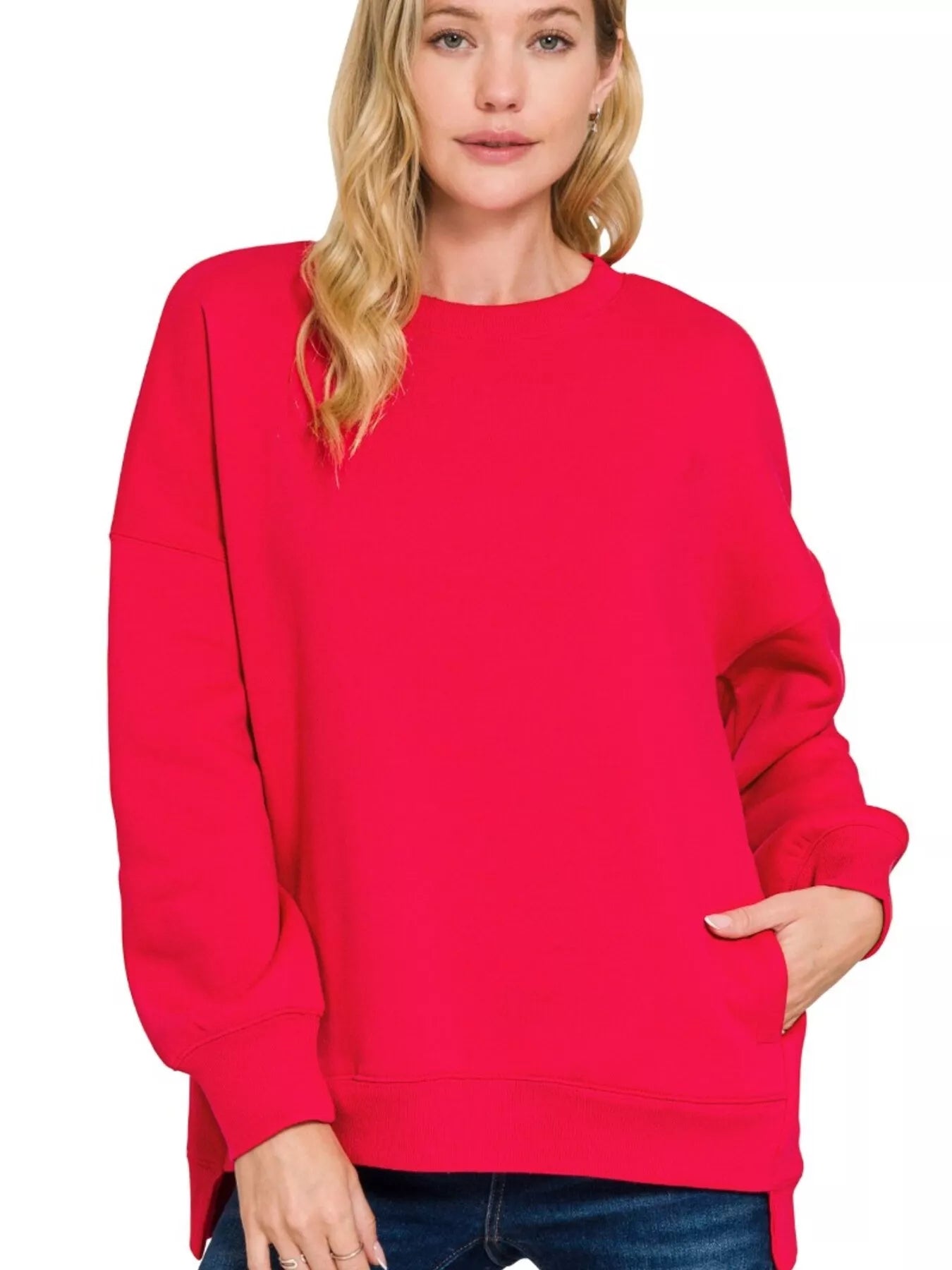 Zenana Ruby Fleece Hi-low Boyfriend Sweatshirts with Pockets RUBY