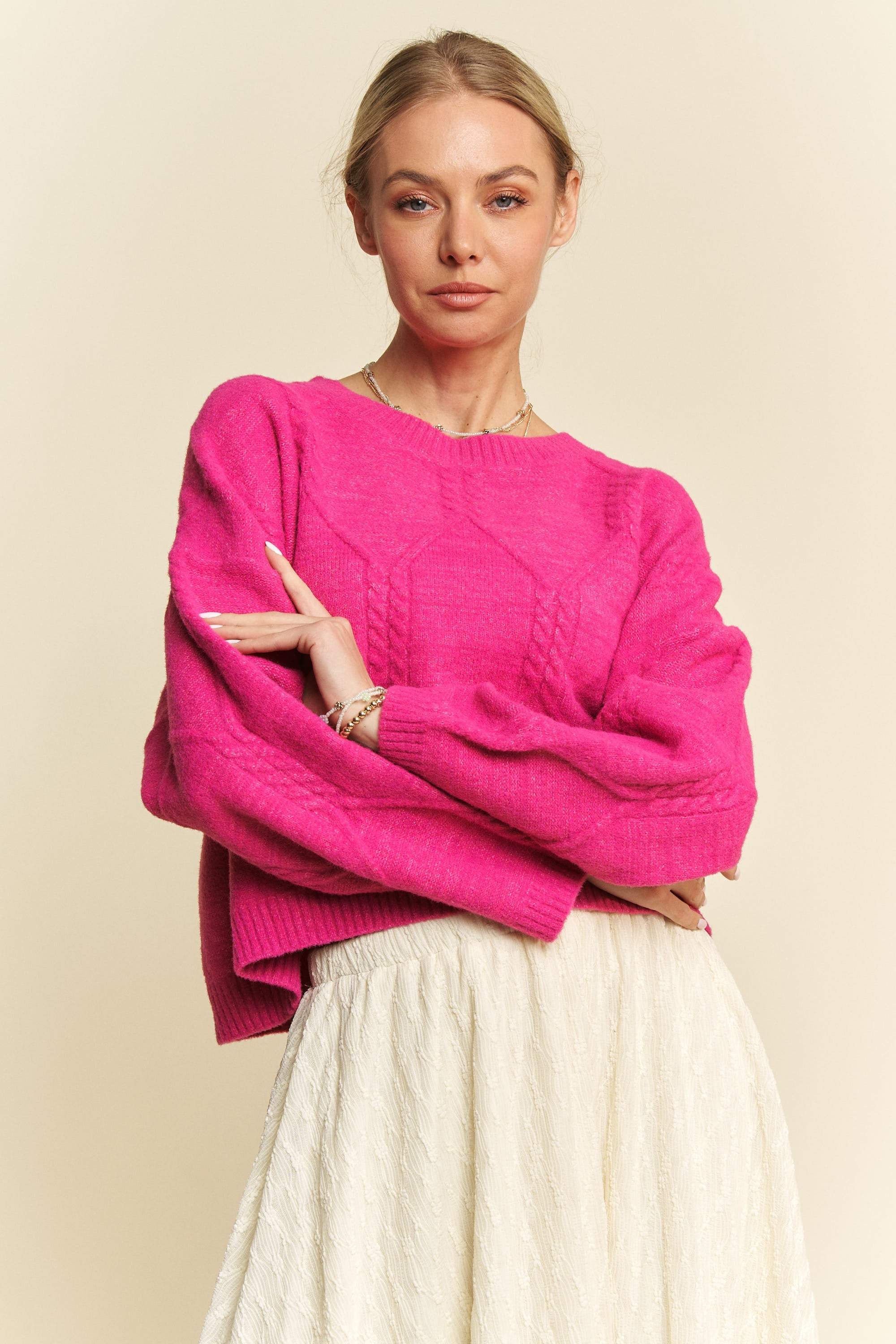 Davi & Dani Pink Diamond Cable Pattern Drop Shoulder Sweater