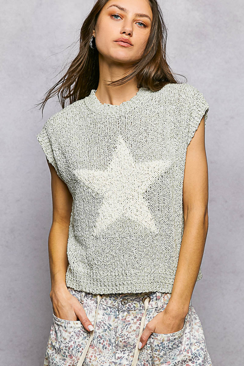 POL Sage Star Round Neck Popcorn Knit Top