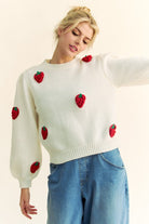 Davi & Dani Crochet Strawberry Round Neck Sweater in Cream Cream Shirts & Tops