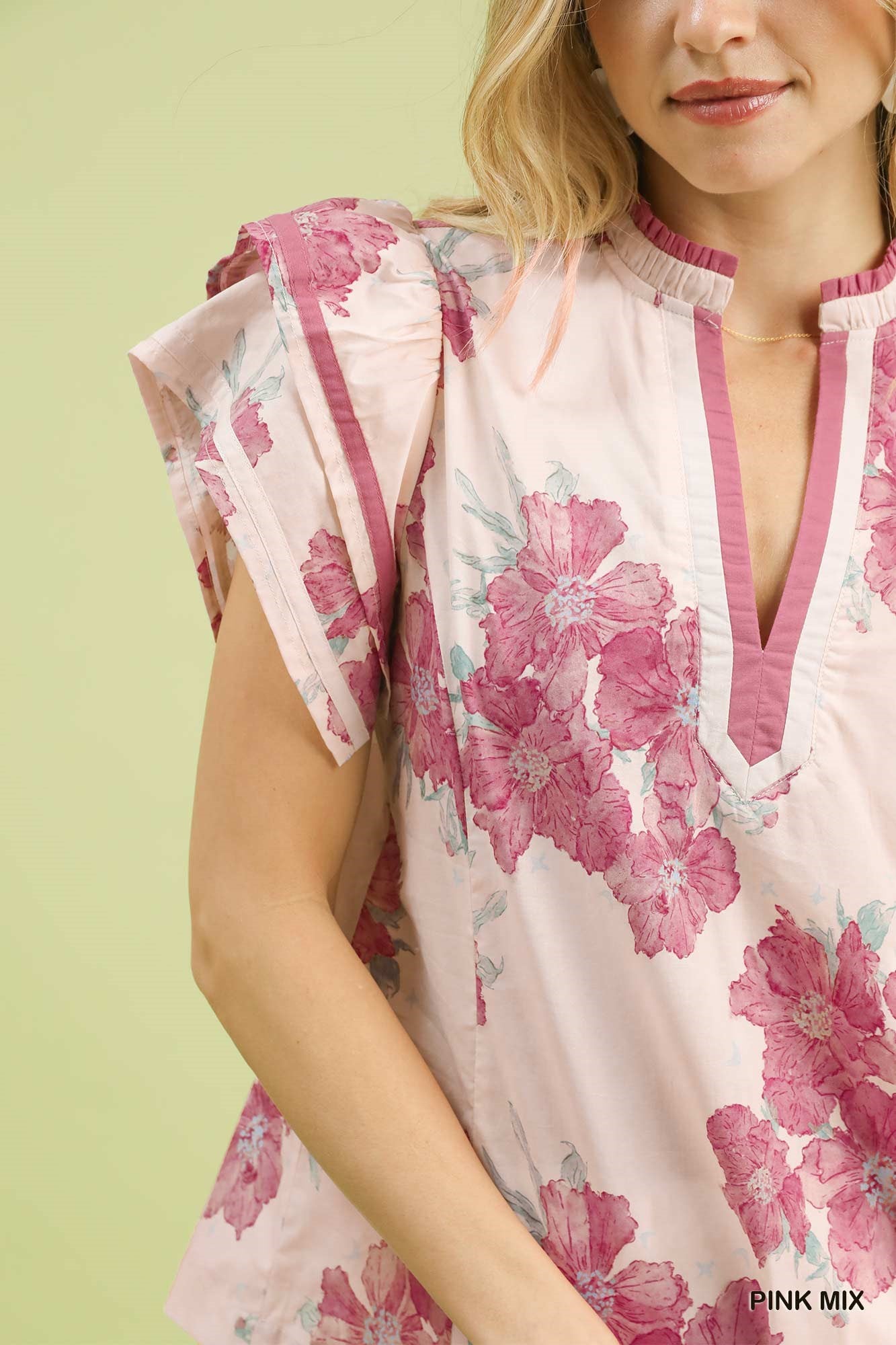 Umgee Pink Mix Floral Ruffle Sleeve Blouse