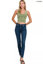 Zenana Ash Olive Washed Ribbed Seamless Cropped V-neck Tank Top