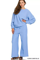 Zenana Cornflower Blue Ribbed Round Neck Pullover and Drawstring Pants Set