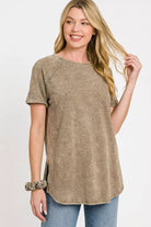 Zenana Mocha French Terry Washed Curved Hem Top