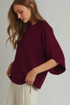 Umgee Merlot Round Hem Raglan Sleeve Top