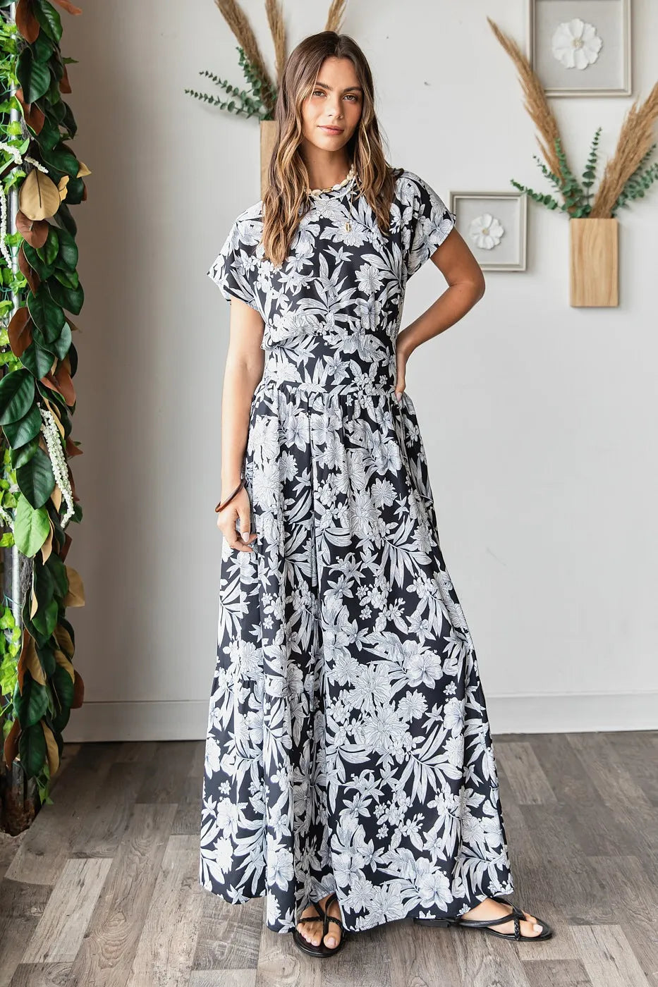 Mittoshop Tropical Print Top and Skirt Set BLACK