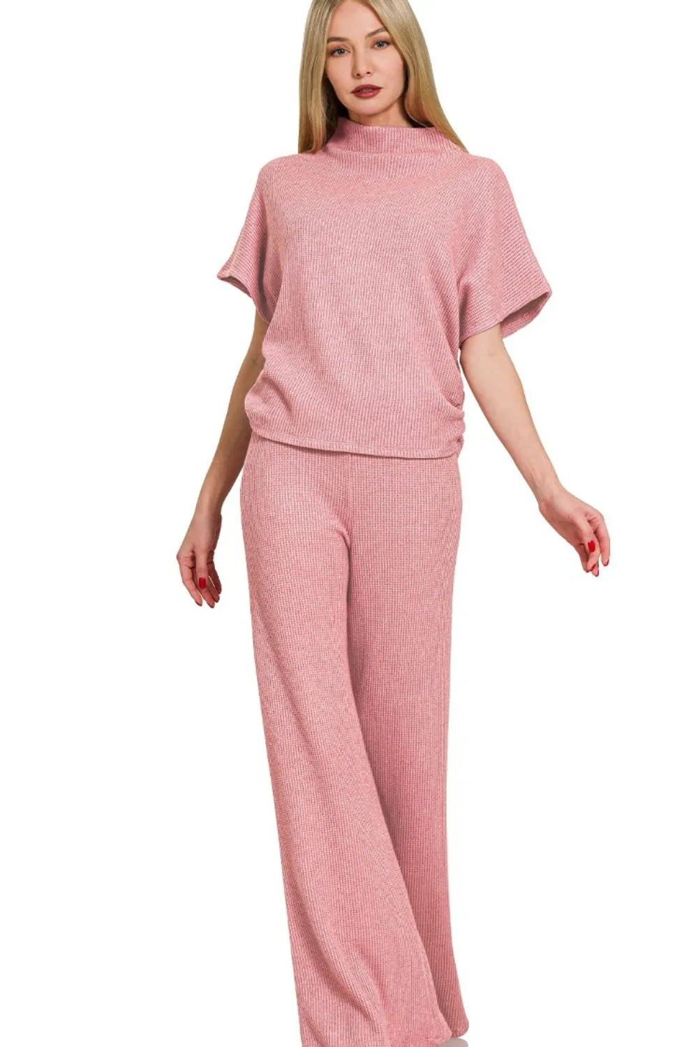 Zenana Light Rose Sweater Mock Neck Top & Long Pants Set