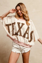 BiBi Oatmeal & Rose Leopard Print Texas Patchwork Overlock Stitch Top OATMEAL D.ROSE
