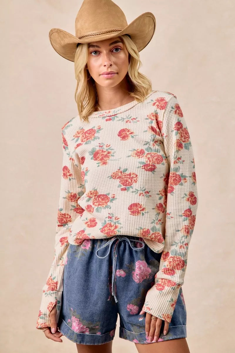 BiBi Oatmeal Floral Print Washed Waffle Thermal Top With Thumb