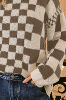 BiBi Mocha Brown Vintage Mixed Checkered Contrast Chunky Sweater Trendsi