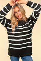 Haptics Black Striped Contrast Side Slit Sweater Trendsi