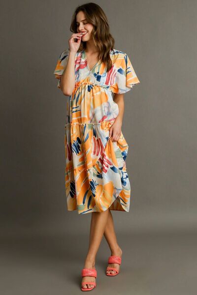 Umgee Abstract Print Flutter Sleeve Frill Tiered Midi Dress