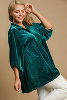 Umgee Teal Green Velvet Beaded Collared Neck Button Up Tunic Shirts & Tops