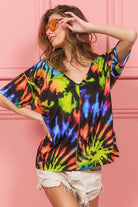 BiBi Tie Dye Print Jersey Stitched V Neck Top