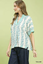 Umgee Teal Mix Print Boho Blouse with Contrast Trim