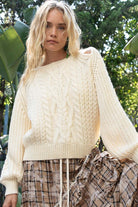 POL Cream Cable Knit Keyhole Cutout Balloon Sleeve Sweater Cream Trendsi