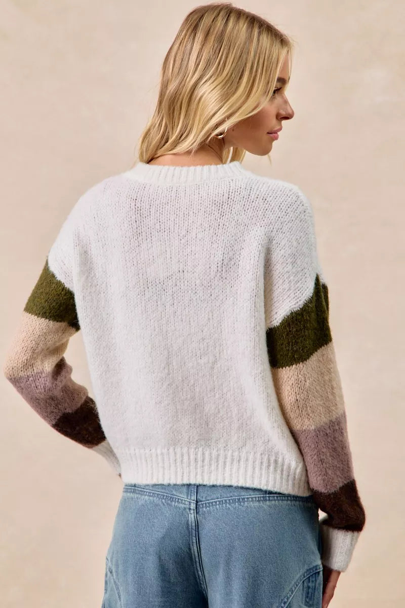 BiBi Ivory & Mocha Flower Color Block Sweater
