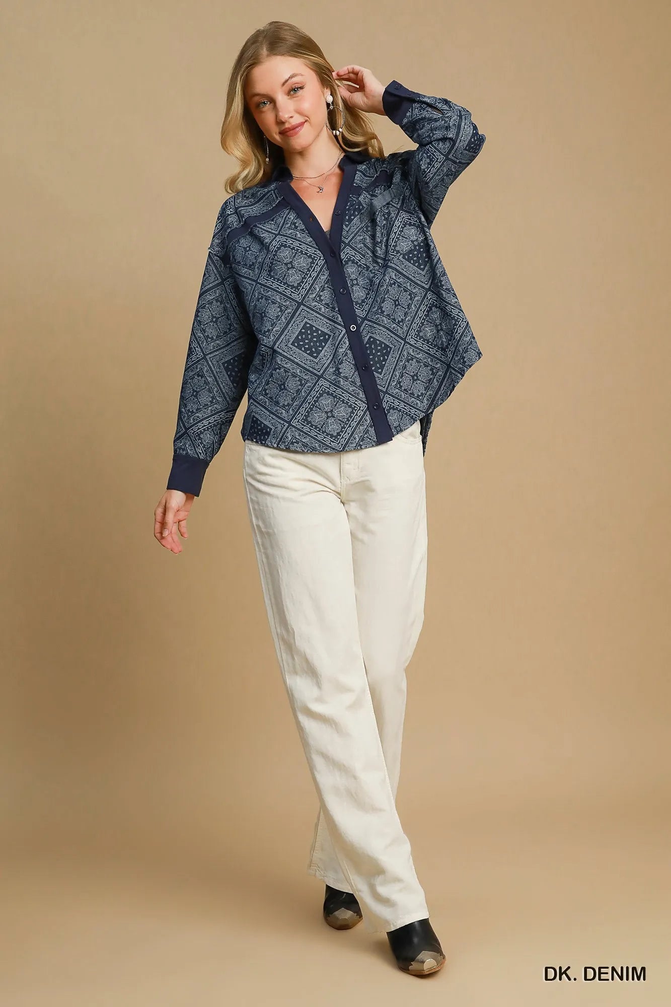 Umgee Dark Denim Paisley Print Denim Shirt Jacket