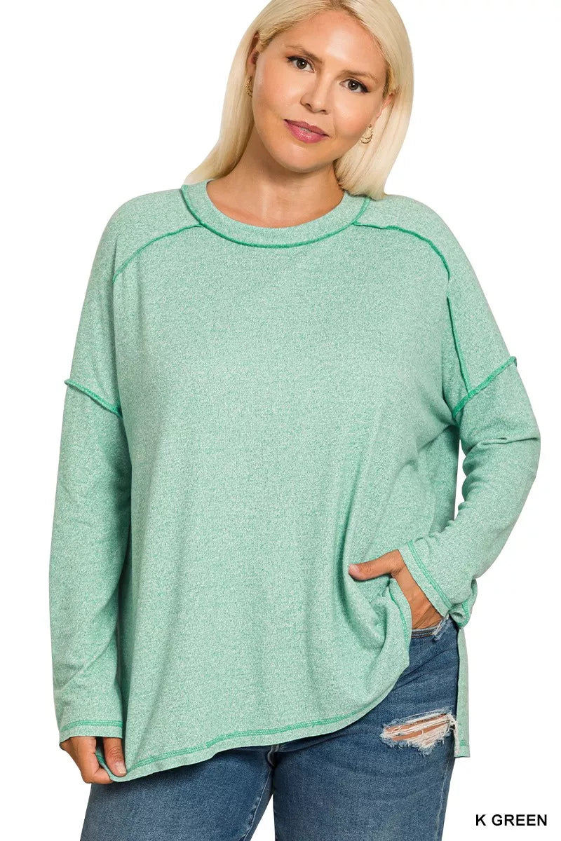 Zenana Kelly Green Melange Hacci Exposed Seam Hi-low Top