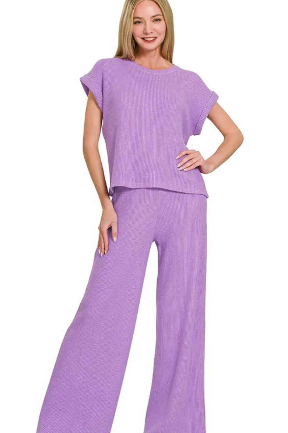 Zenana Lavender Rolled Sleeve Top and Pants Sweater Set LAVENDER