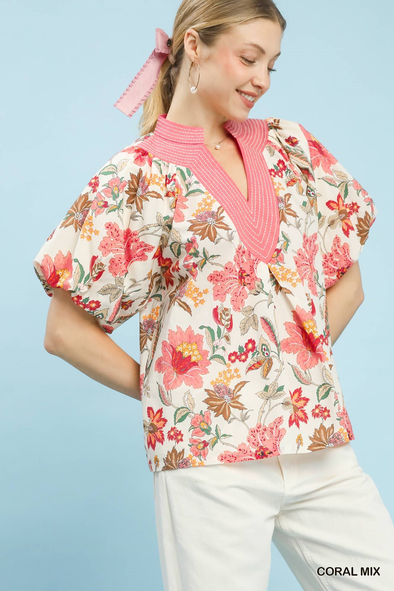 Umgee Coral Mix Floral Puff Sleeve Blouse