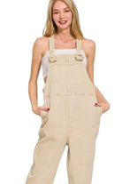 Zenana Sand Beige Washed Knot Strap Relaxed Fit Overalls