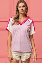 BiBi Pink & Fuchsia Cord Rib Combo V Neck Jersey Knit Top